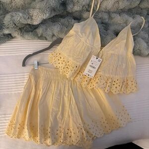 Yellow Eyelet Crop Top and Skirt Set